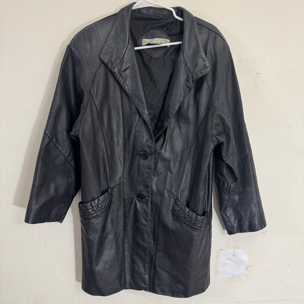 VTG‎ ARCHITECT M classic Genuine Leather Blazer Jacket Black Button Front Pocket